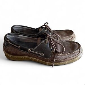 Sperry Dark Brown Leather Boat Shoes with Moccasin Stitching and Lace Details